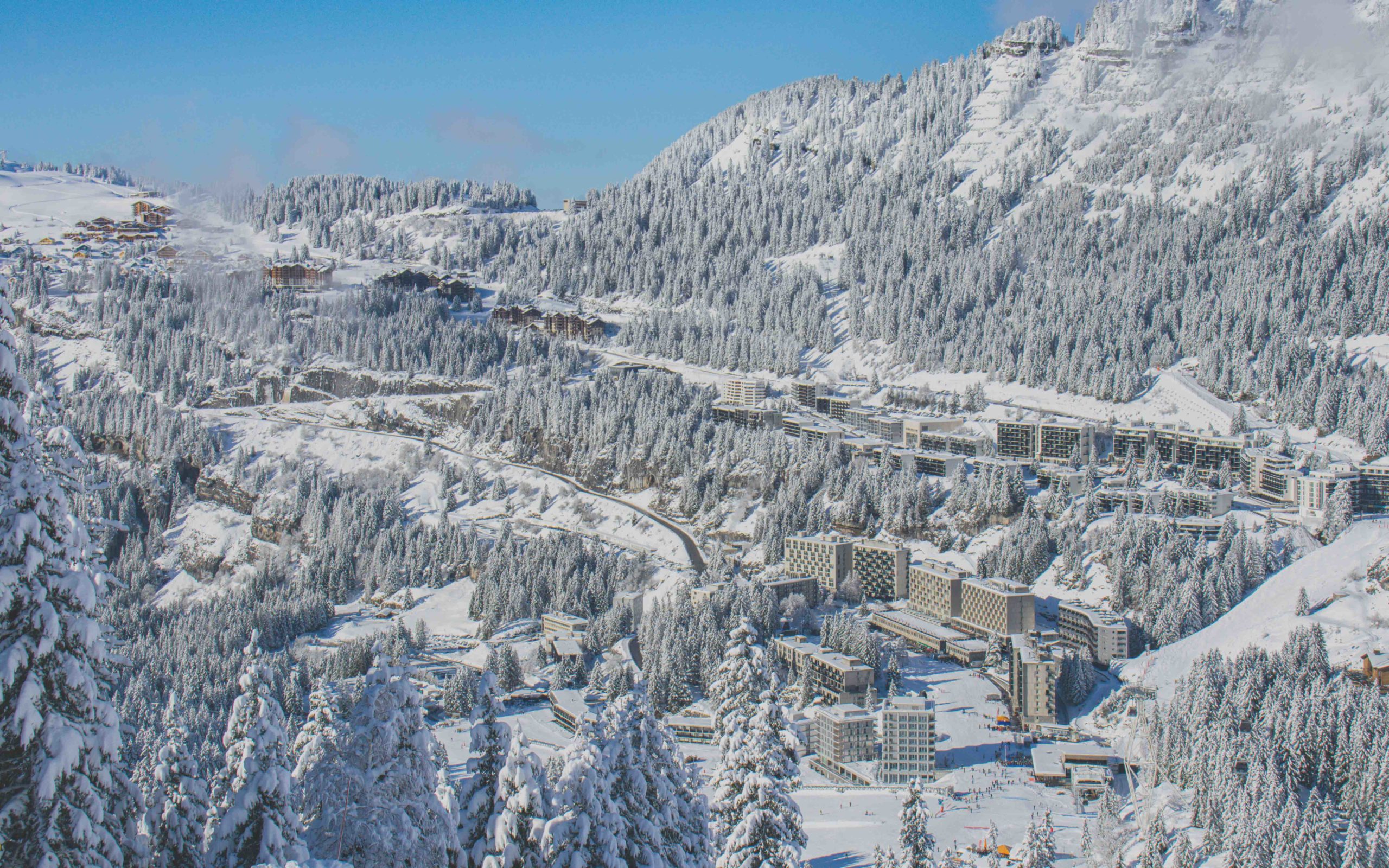 Vue panoramique de Flaine enneigée, montrant des sapins recouverts de neige, la route menant au col de Pierre Carrée et les différents bâtiments de la station de Flaine.