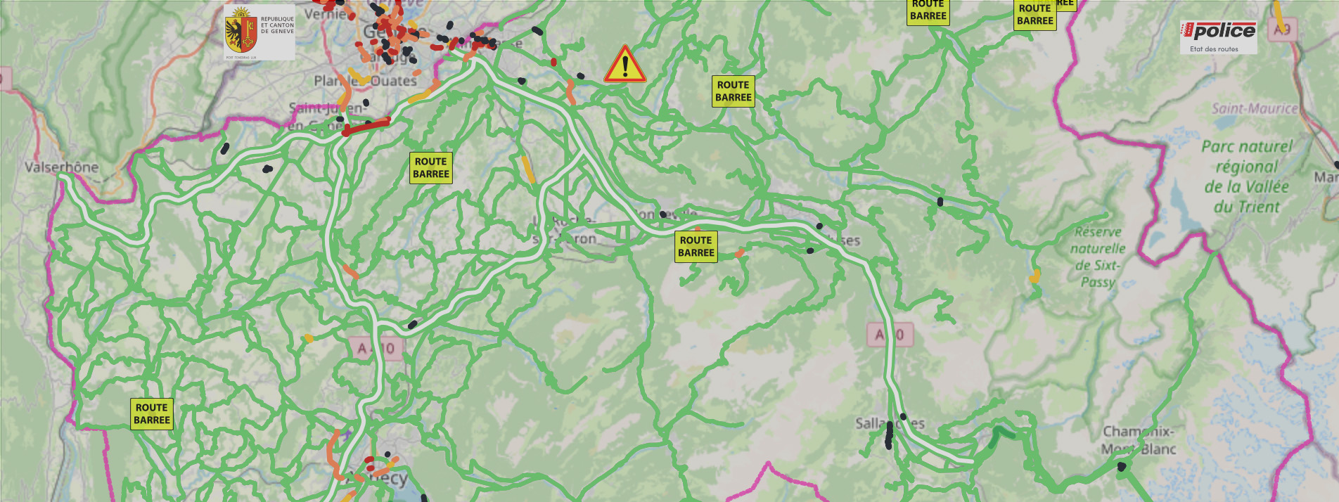 Carte des routes de Haute-Savoie représentant les différentes typologies de routes