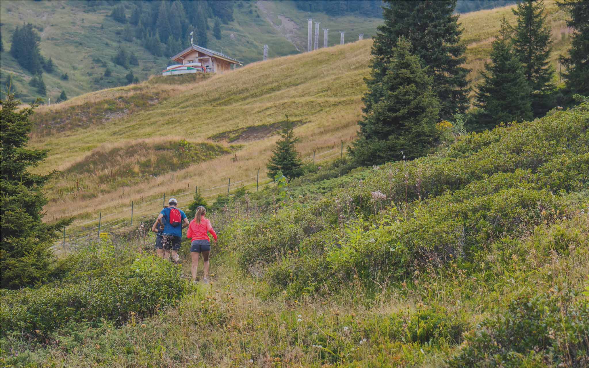 Backpackers running along a path between the mountain pastures and the forest in Flaine.