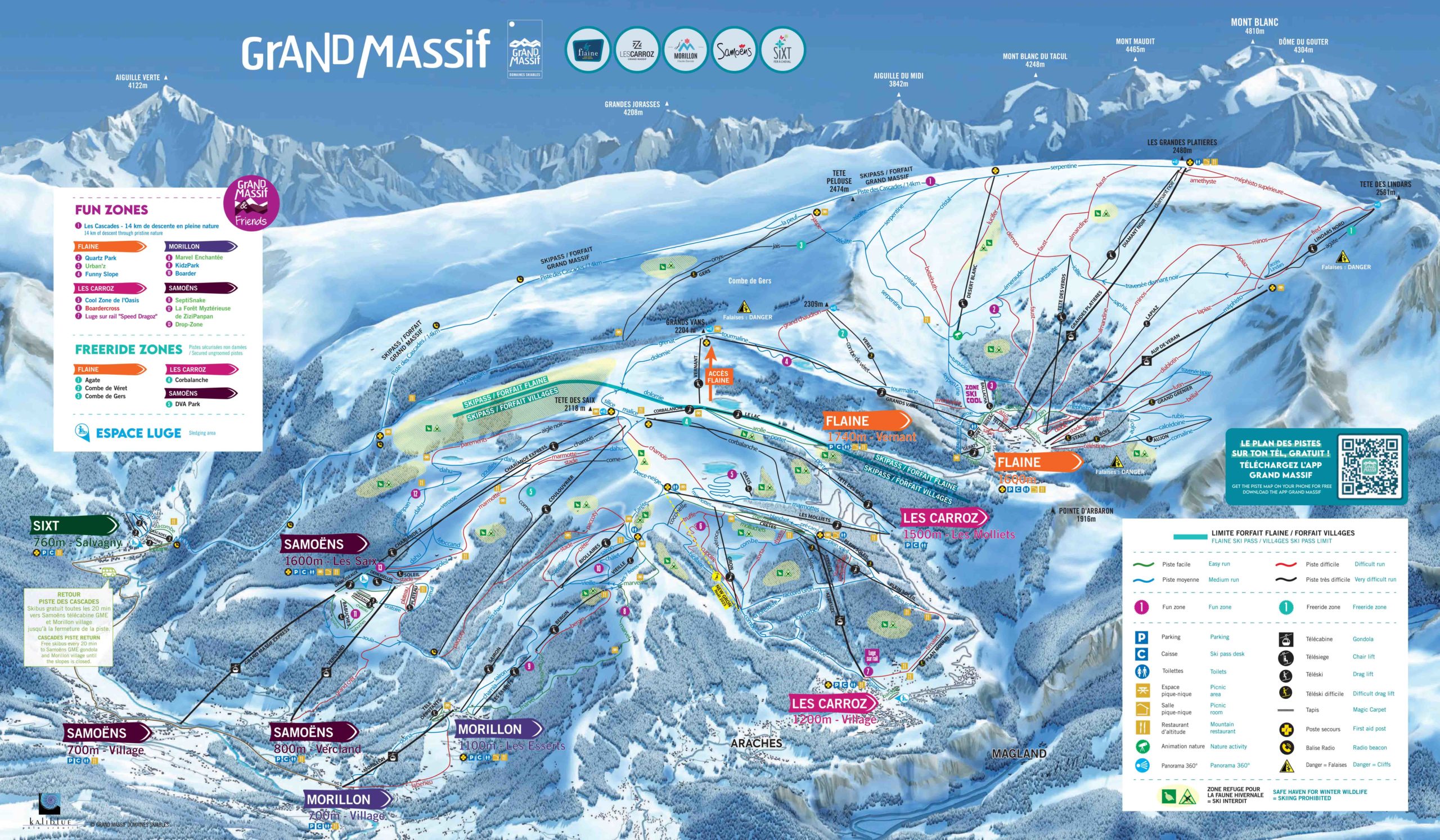 Gedetailleerde kaart van de pistes van Flaine en Grand Massif, inclusief liften en skigebieden.